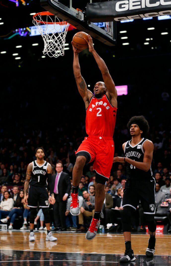 Toronto Raptors forward Kawhi Leonard (2) goes to the basket against Brooklyn Nets at Barclays Center