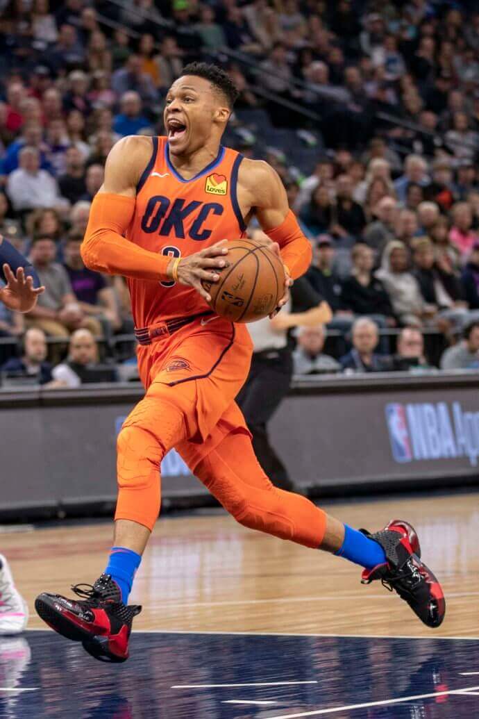 Oklahoma City Thunder guard Russell Westbrook drives to the basket at Target Center