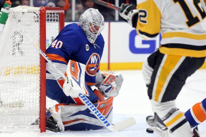 New York Islanders goalie in game two of the first round of the 2019 Stanley Cup Playoffs at Nassau Veterans Memorial Coliseum