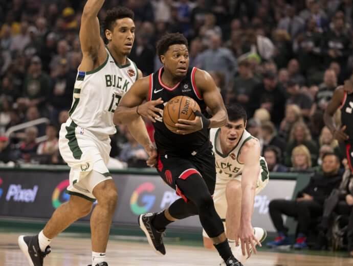 Toronto Raptors guard Kyle Lowry (7) drives for the basket at Fiserv Forum