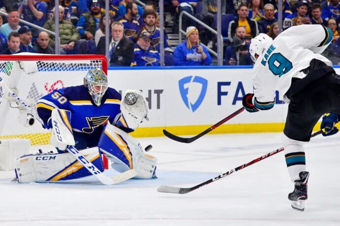 St. Louis Blues goaltender makes a save on a shot in game six of the Western Conference Final of the 2019 Stanley Cup Playoffs at Enterprise Center
