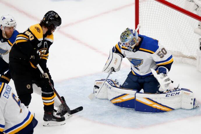 Louis Blues goaltender Jordan Binnington against Boston Bruins