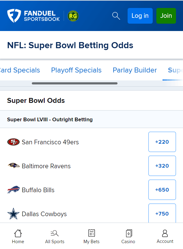 NFL Super Bowl Betting Odds Screenshot