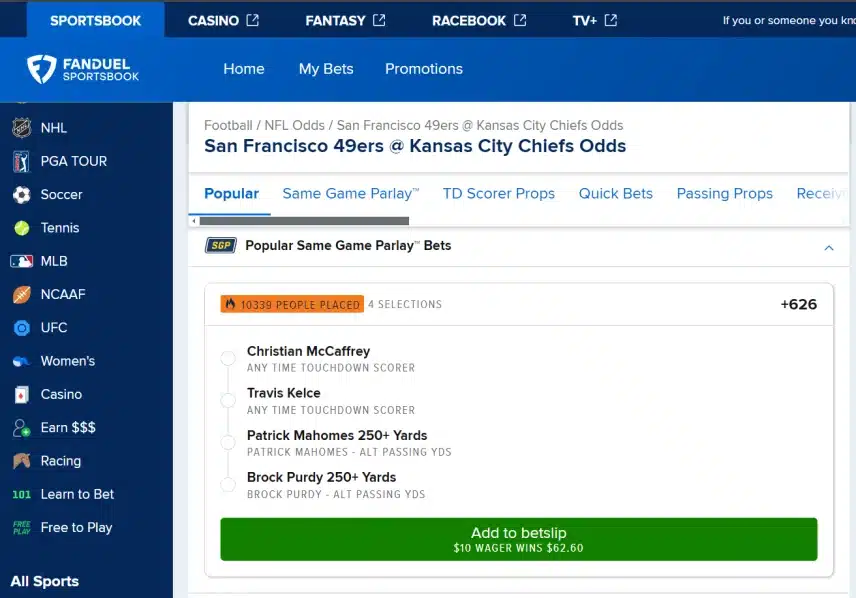 FanDuel Betslip Super Bowl betting