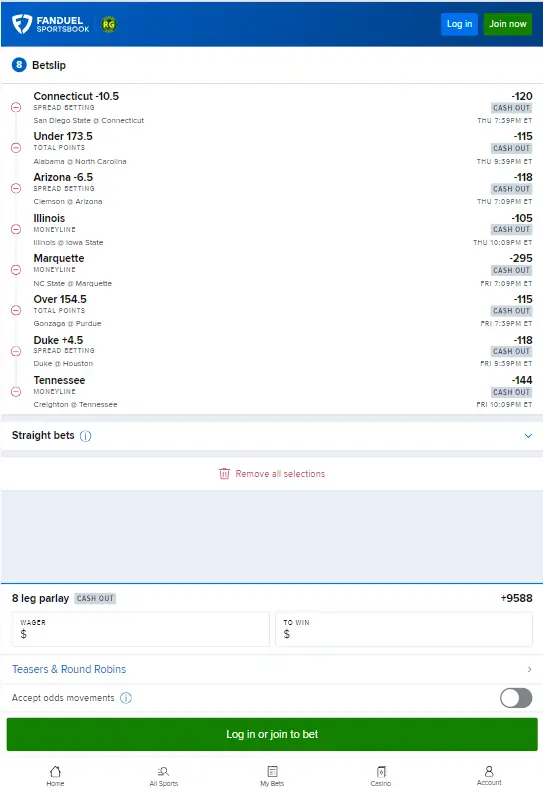 March Madness Parlay Betslip - Sweet 16 games - FanDuel Sportsbook Screenshot