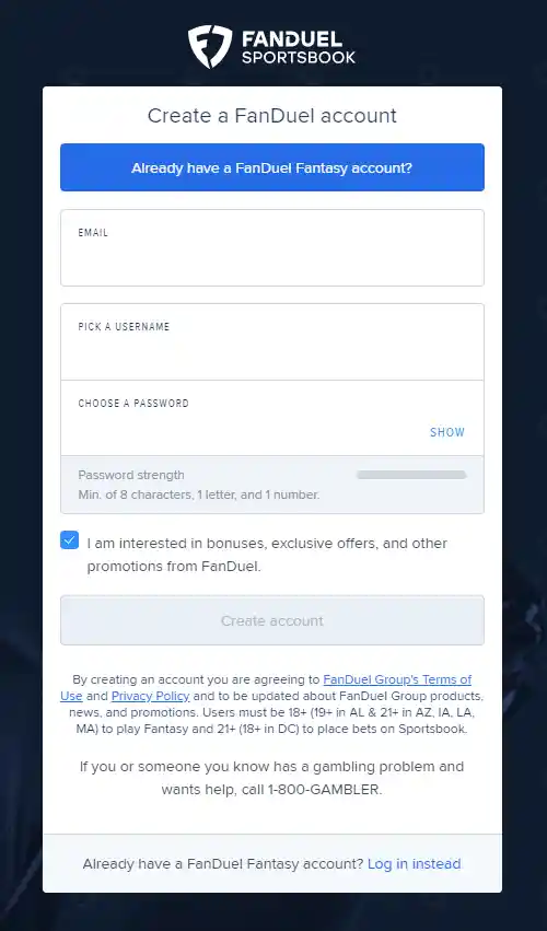 FanDuel Signup form Signup form at FanDuel